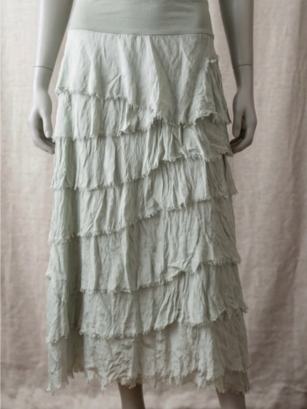 Tiered Ruffle Maxi Skirt in Sage Green made in Italy 100% Silk